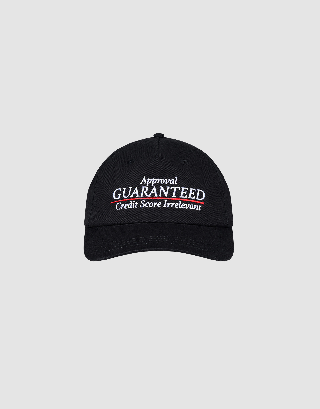 The LFDY Guaranteed Cap by LIVE FAST DIE YOUNG is an unstructured 5-panel black cap made of 100% polyester, featuring "Approval GUARANTEED Credit Score Irrelevant" embroidered in white and red, and an adjustable Snapverschluss. Displayed on a gray background.| plain 
