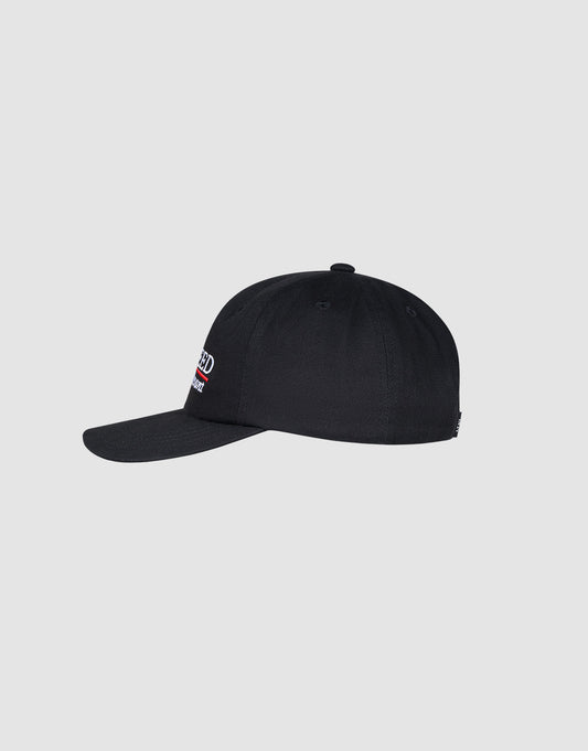 The LFDY Guaranteed Cap by LIVE FAST DIE YOUNG is shown in black, side profile, against a light gray background. It features a curved brim, subtle front left embroidery, and an easy Snapverschluss closure.