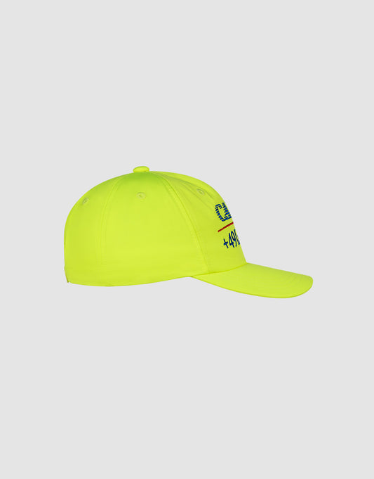 The LFDY Hotline Cap by LIVE FAST DIE YOUNG is a neon yellow 5-panel cap with black text and a graphic logo on the front, displayed in left profile against a plain light gray background.