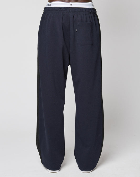 A person is shown from the back against a plain light background, wearing loose-fitting navy blue LFDY Striped Jogger pants by LIVE FAST DIE YOUNG, featuring an elastic waistband and a single back pocket.