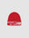 The LIVE FAST DIE YOUNG Live Fast Army Beanie is a red, 100% cotton ribbed knit hat featuring white text and a rectangular patch with black and red designs, numbers, and "Live Fast" print on the front. Plain light gray background.