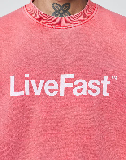 A close-up of a person in the Basic LiveFast Sweater by LIVE FAST DIE YOUNG, featuring an oversize fit, bold front print, and faded pink look. A flower tattoo is visible on the personās neck.