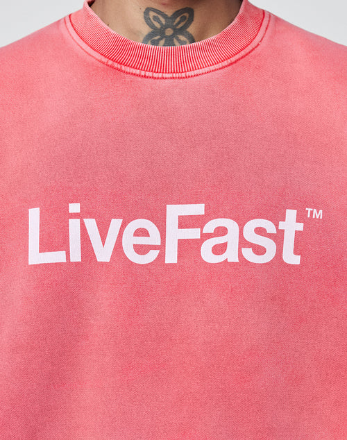 A close-up of a person in the Basic LiveFast Sweater by LIVE FAST DIE YOUNG, featuring an oversize fit, bold front print, and faded pink look. A flower tattoo is visible on the person’s neck.