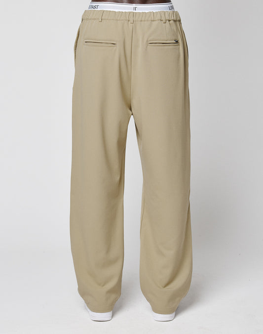 A person stands against a plain light background wearing LIVE FAST DIE YOUNG Wide Casual Pants in beige, with an elastic waistband, wide legs, and two back welt pockets.
