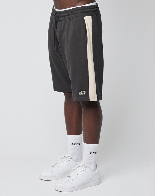 A person wearing LIVE FAST DIE YOUNG Rib Tape Shorts in dark gray with a beige side stripe, white LEDY text socks, and white sneakers stands against a plain white background. | model