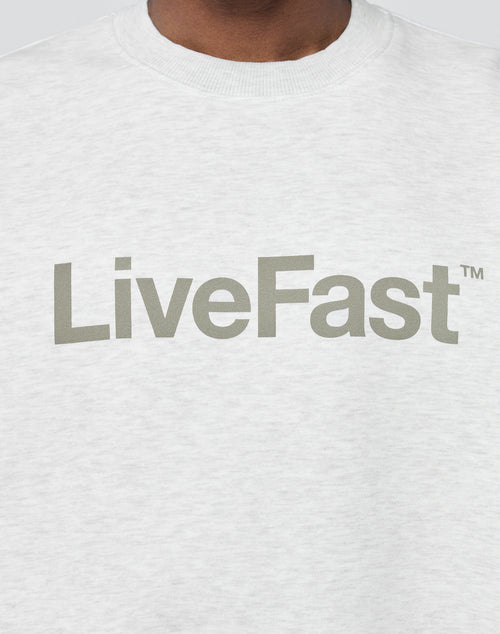 A person wearing the Basic LiveFast Sweater by LIVE FAST DIE YOUNG in light gray, featuring bold LiveFast™ text across the chest. Oversize fit and crafted from a soft cotton-polyester blend for comfort and style.