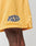 Close-up of a person wearing LFDY Oval Mesh Shorts by LIVE FAST DIE YOUNG, featuring a yellow mesh design, elastic waistband, and LIVE FAST in bold near the hem. Made from lightweight polyester for comfort and a regular fit.
