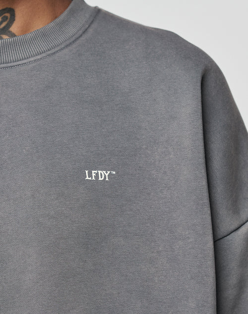 Close-up of a person wearing the LIVE FAST DIE YOUNG Basic Chest Sweater in gray, featuring an oversize fit and small white embroidered branding on the chest. Only part of the neck and shoulder are visible.