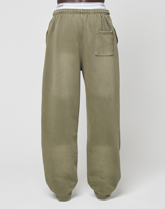 Back view of a person wearing LIVE FAST DIE YOUNG Basic Wide Jogger sweatpants in olive green, featuring a wide fit, elastic waistband, right patch pocket, ankle length, and a subtle faded-look finish for casual style.