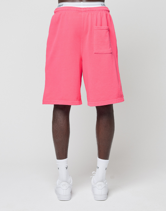 A person wears LIVE FAST DIE YOUNG Basic Shorts in bright pink with a regular fit, elastic waistband, side pocket, and visible logo print, paired with white socks and sneakers. Photo is cropped above the waist on a plain light background.