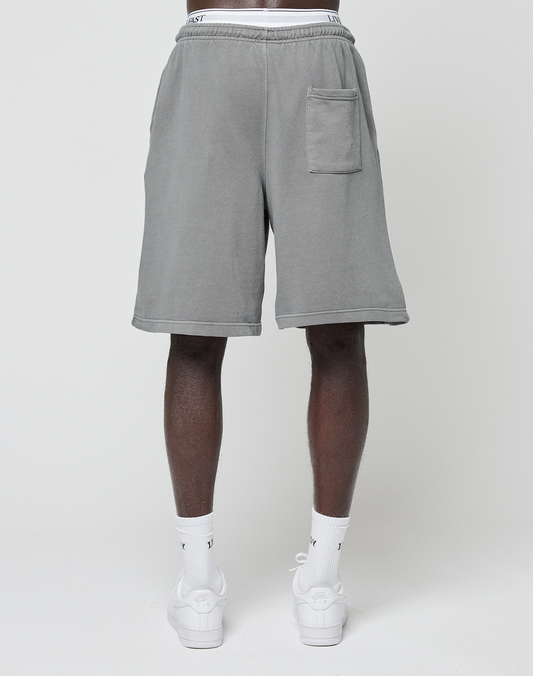 A person faces forward wearing LIVE FAST DIE YOUNG Basic Shorts in gray with a large square pocket on the right leg, paired with white socks and sneakers against a plain white background.
