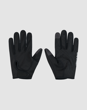 A pair of black Live Fast Gloves by LIVE FAST DIE YOUNG shown palm-up and palm-down on light gray, with textured grip, reflective printing, and a convenient Klettverschluss for a secure fit.