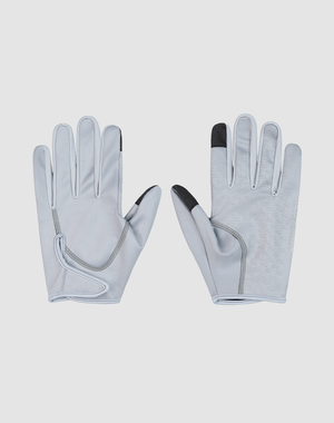 A pair of LIVE FAST DIE YOUNG Live Fast Gloves in light gray with black tips on the thumb and index finger, shown palm up and palm down against a plain white background.