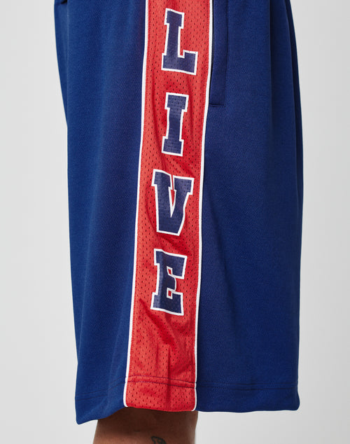 LIVE FAST DIE YOUNG Striped Mesh Shorts: Blue polyester athletic shorts with red and white vertical side stripe, LIVE in bold letters, elastic waistband for comfort, and a modern oversize fit.