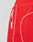 Close-up of LIVE FAST DIE YOUNG Beach Shorts in red, regular fit nylon with white zipper pocket, piping detail, and elastic waistband, set against a light grey background for comfort and durability.