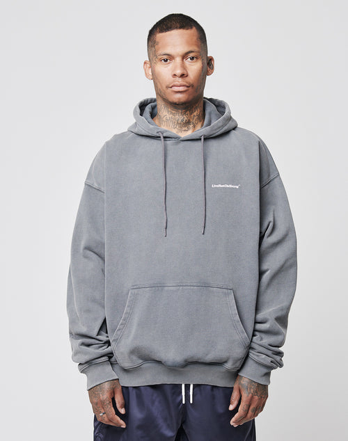 A person with short hair and visible tattoos wears the LIVE FAST DIE YOUNG Basic Heavy Hooded in grey, oversized fit, and dark shorts. They stand against a plain light background, looking directly at the camera with a neutral expression.