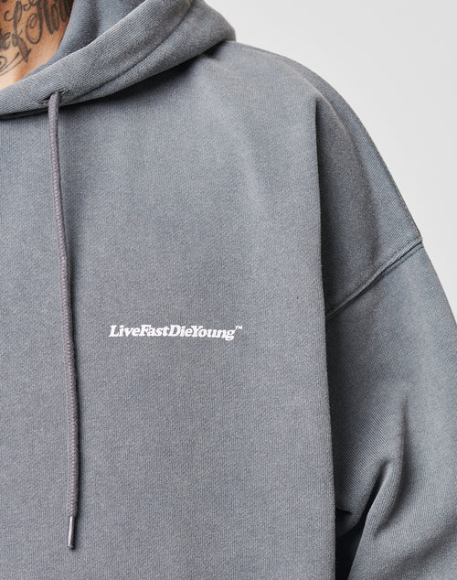 A close-up of a person wearing the LIVE FAST DIE YOUNG Basic Heavy Hooded in gray, featuring a white “LiveFastDieYoung™” chest print, cotton fabric, and vintage wash, with their tattooed neck visible above the collar.