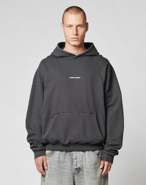 Someone wearing the LFDY Core Hooded by LIVE FAST DIE YOUNG—an oversize dark gray sweatshirt with a chest logo and LIVE FAST print, crafted from soft Baumwolle—stands against a light background, facing the camera.