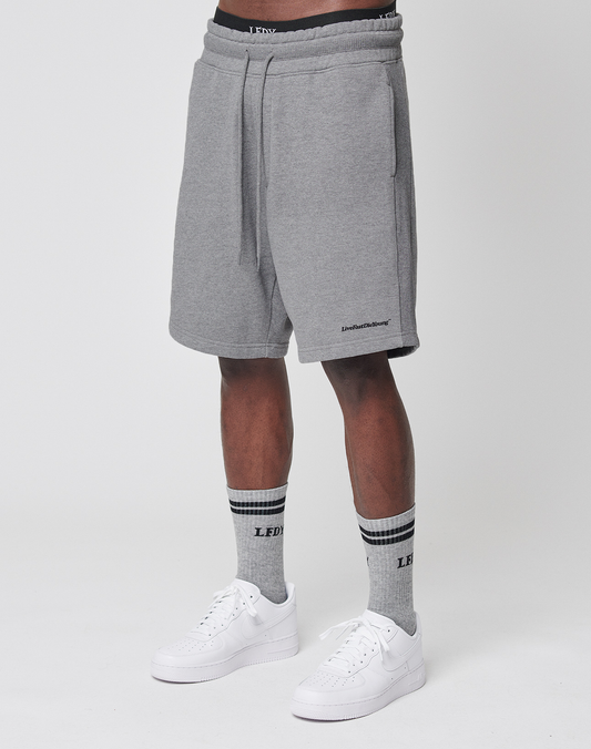 A person in LIVE FAST DIE YOUNG Basic Heavy Shorts (Regular Fit, gray, knee-length with Elastikbund), matching gray socks with bold LED Logo-Print and black stripes, and white sneakers stands against a plain white background. | model