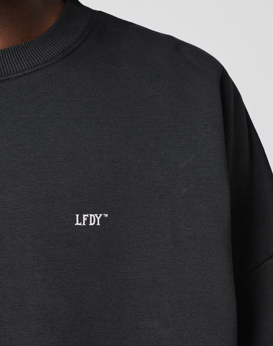 A close-up shows a person in the LIVE FAST DIE YOUNG Basic Evidence Sweater, an oversize fit black sweatshirt featuring small white embroidered LFDY™ text on the chest. Only part of their neck and shoulder is visible.