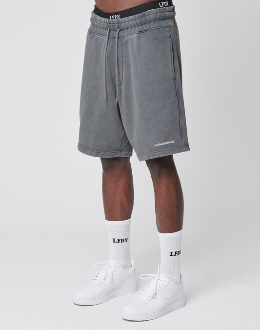 A person wearing LIVE FAST DIE YOUNG Basic Heavy Shorts in light gray, paired with white LEDY socks and white Nike sneakers, stands against a plain white background. Only the lower half of their body is visible. | model