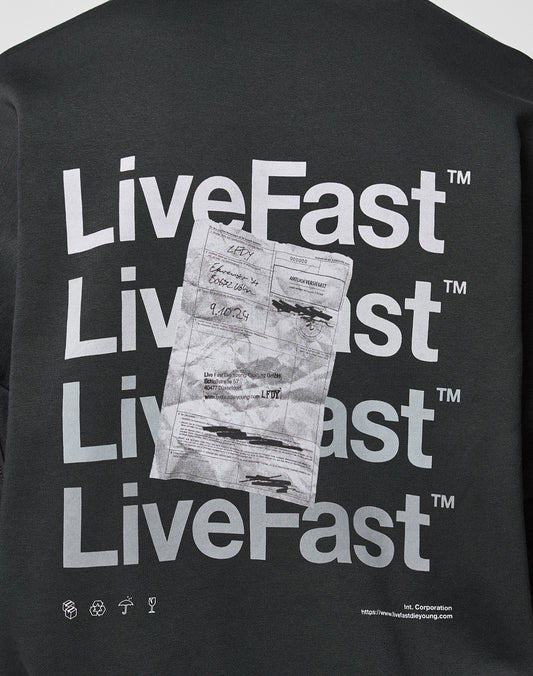 The back of the Basic Evidence Sweater by LIVE FAST DIE YOUNG has bold white LiveFast™ prints and a grayscale crumpled paper image. Made from premium cotton-polyester blend with front and back prints, plus subtle icons at the hem.