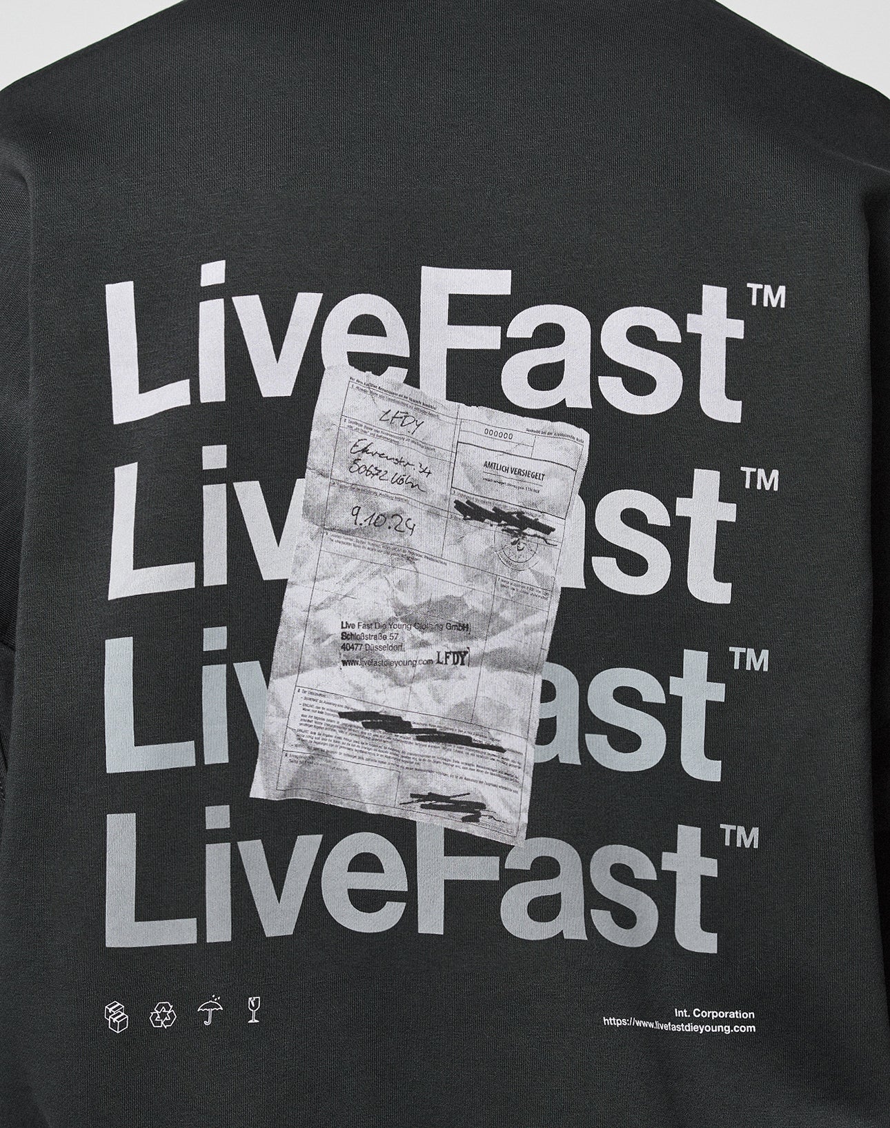 The back of the Basic Evidence Sweater by LIVE FAST DIE YOUNG has bold white LiveFast™ prints and a grayscale crumpled paper image. Made from premium cotton-polyester blend with front and back prints, plus subtle icons at the hem.
