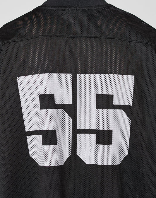 The LFDY Mesh Jersey by LIVE FAST DIE YOUNG is a black polyester sports jersey with an oversized fit, featuring large white block number 55 on the back.