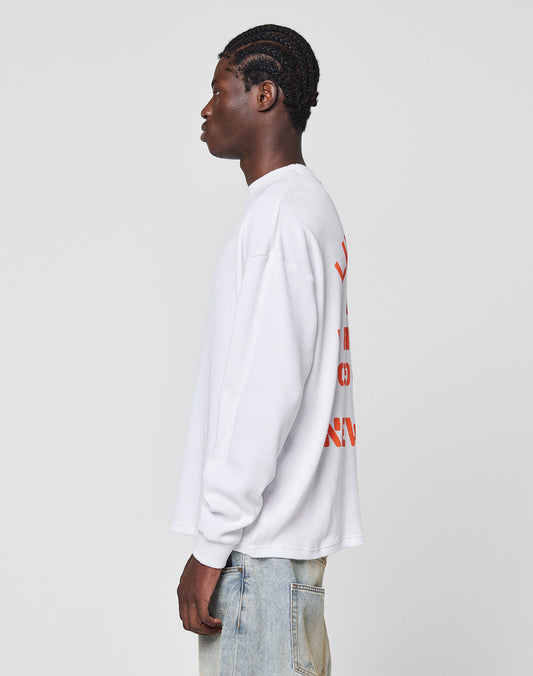 A person with braided hair stands sideways against a gray background, wearing the LIVE FAST DIE YOUNG NY-FW Waffle Longsleeve in white with a red backprint and light blue jeans, made from 100% Baumwolle.