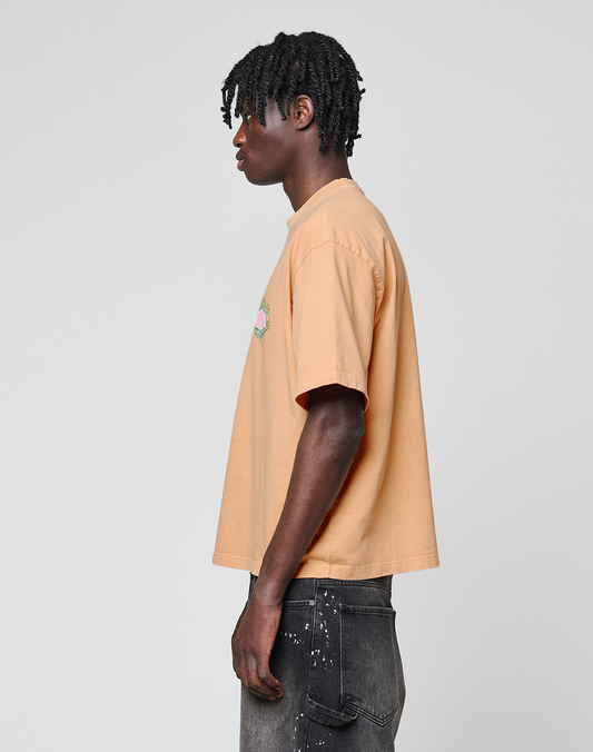 A young man stands in profile against a plain background, wearing the LIVE FAST DIE YOUNG LFDY Flames Chest Tee in peach and dark, distressed jeans with a chain accessory.