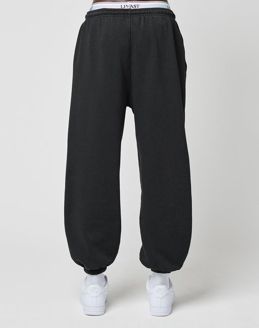 A person stands with their back to a light background wearing LIVE FAST DIE YOUNG Basic Loose Jogger sweatpants with an Elastik-Bund cuff, white sneakers, and a visible white LIVIAST logo print waistband.