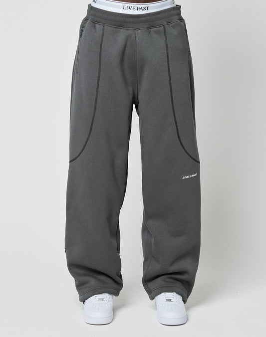 A person wears LFDY Active Fleece Jogger by LIVE FAST DIE YOUNG in wide fit, dark gray with subtle seams and flatlock-topstitching, paired with white sneakers. The waistband of LIVE FAST logo underwear is visible above the joggers.