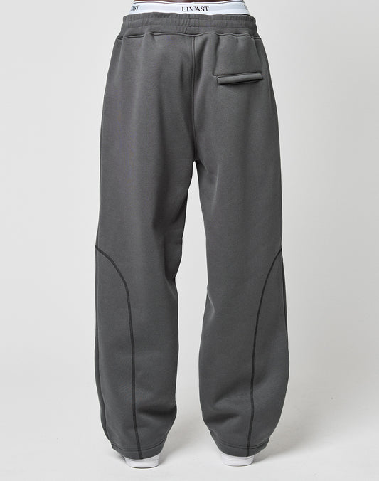 The LFDY Active Fleece Jogger by LIVE FAST DIE YOUNG features a wide fit, visible seam details, flatlock-topstitching, a small front flap pocket, and exposed white waistband elastic, shown against a plain light background.