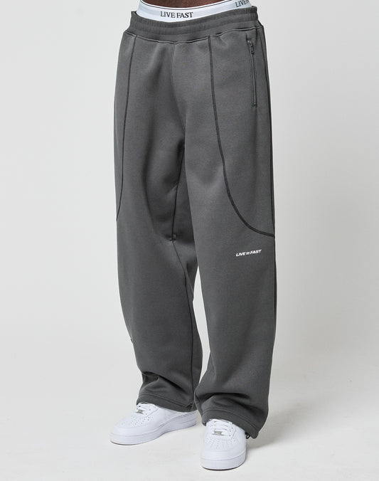 A person models the LIVE FAST DIE YOUNG LFDY Active Fleece Jogger in wide fit, dark gray, featuring zippered pockets and white LIVE FAST logos on the pocket area and waistband, styled with white sneakers against a plain background.
