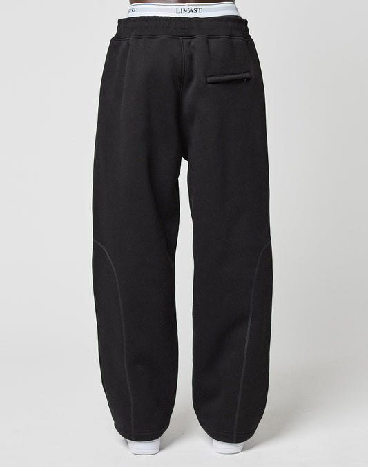 Back view of a person wearing the LFDY Active Fleece Jogger by LIVE FAST DIE YOUNG in wide fit black with contrast stitching, a single back pocket, and visible white waistband. The plain background highlights its relaxed style.