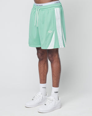 A person wearing LIVE FAST DIE YOUNG Striped Mesh Shorts in mint green with white stripes and logo patch, paired with white LFDY socks and white Nike sneakers, stands against a light background. The shorts feature a regular fit and breathable polyester.