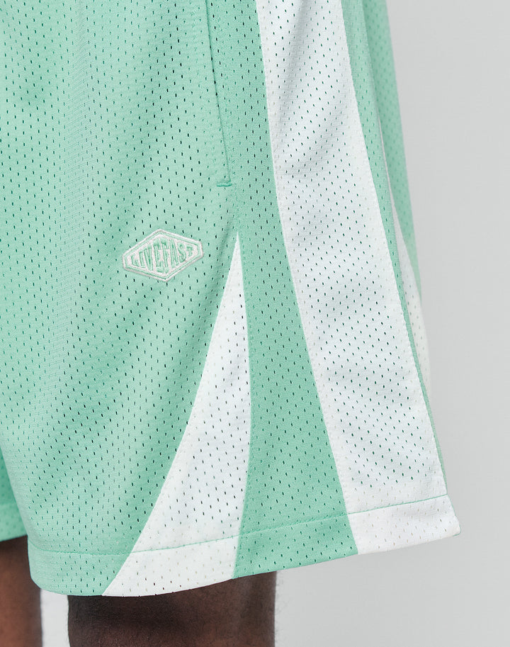 A close-up of someone wearing LIVE FAST DIE YOUNG Striped Mesh Shorts in mint green and white with a logo patch on the left, partially showing their leg and the shorts regular fit.