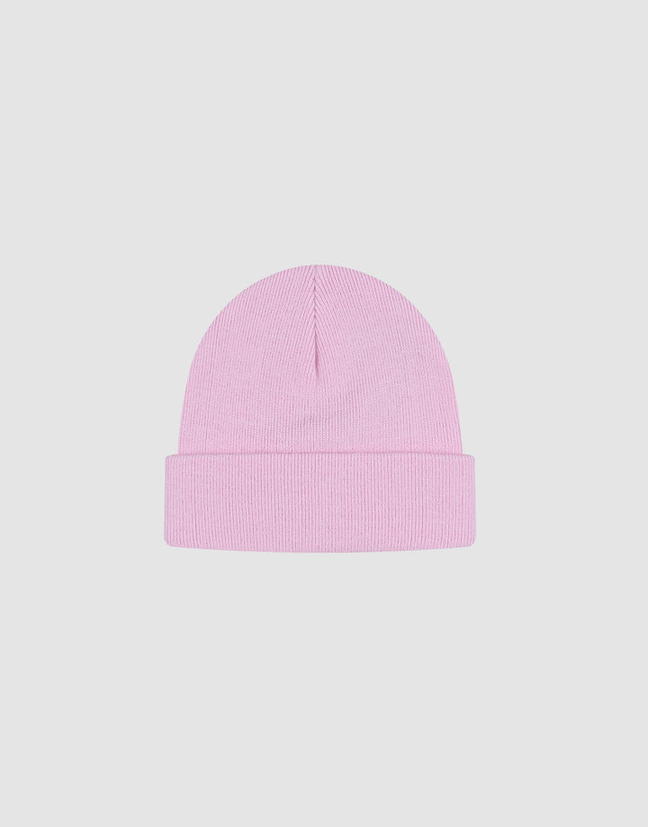 The LIVE FAST DIE YOUNG Basic Beanie is a light pink polyacryl knit hat in one size, featuring a folded brim and subtle flaglabel detail, shown on a plain white background.