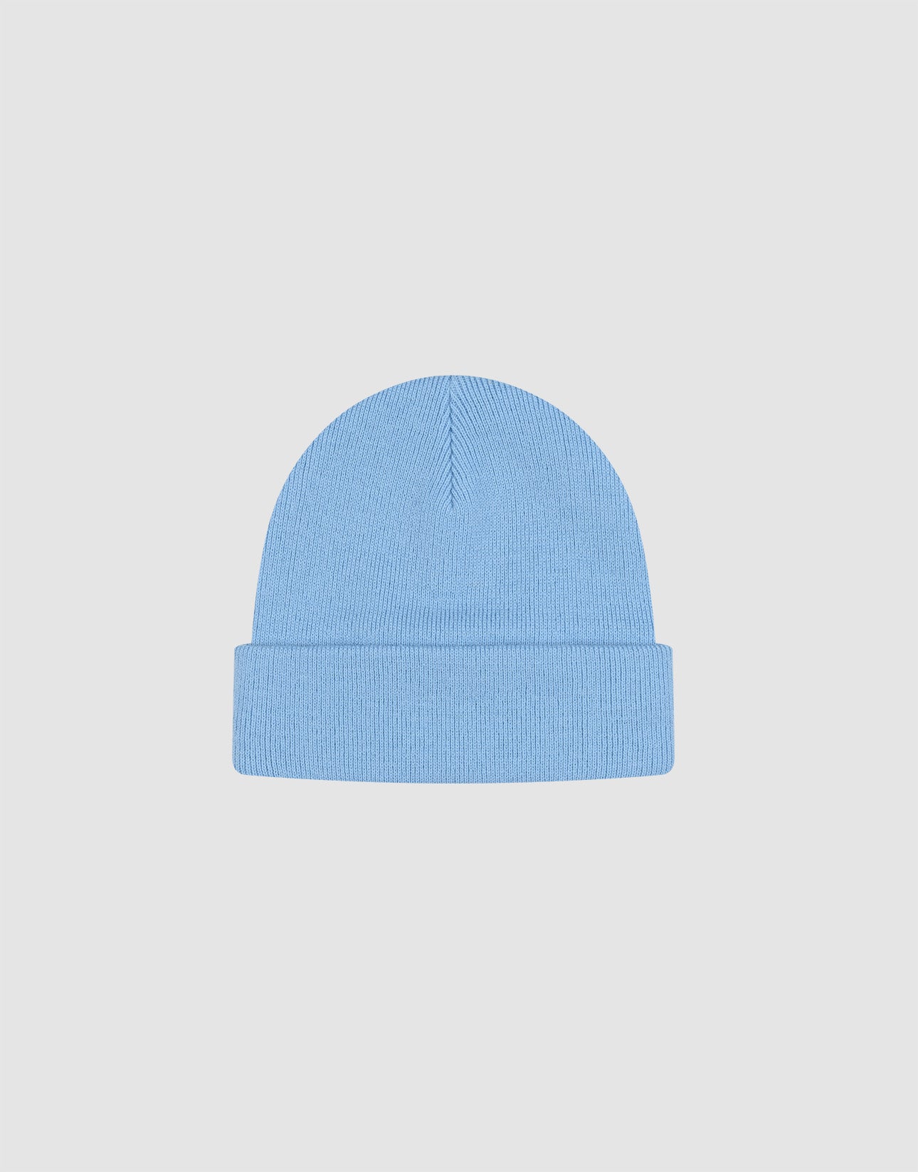 The LIVE FAST DIE YOUNG Basic Beanie is a plain, light blue, one-size knit with a folded brim and subtle flag-label detail. Made from soft polyamid for comfort and style, shown on a light gray background.