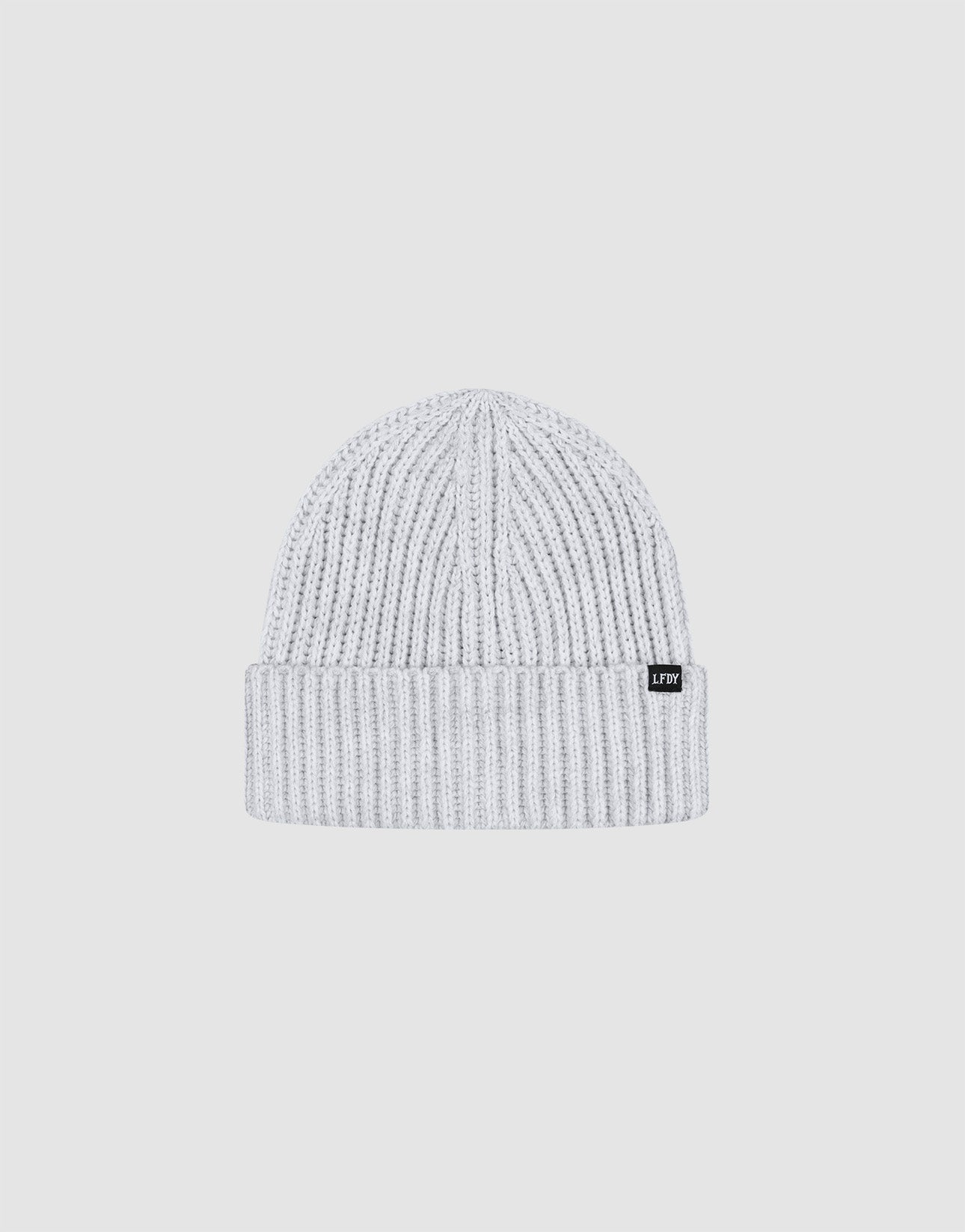 A light grey Rib Knit Beanie by LIVE FAST DIE YOUNG, made of polyacryl, features a folded brim and a small black rectangular LFTW tag on the cuff, shown against a plain white background.