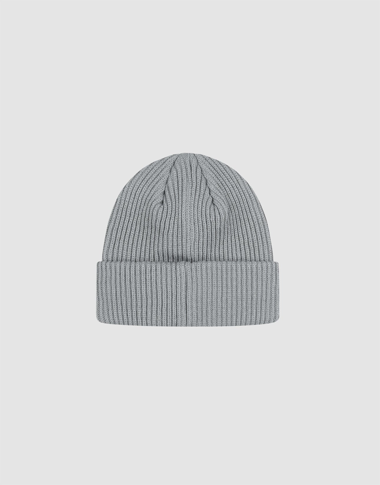 The LIVE FAST DIE YOUNG Rib Knit Beanie, in light gray polyacryl with a ribbed design and folded cuff, is shown centered on a plain white background. One size for easy style and comfort.