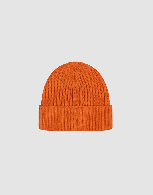 The LIVE FAST DIE YOUNG Rib Knit Beanie in bright orange Polyacryl features a folded cuff and is shown on a light gray background. This One Size beanie offers stylish comfort for any occasion.