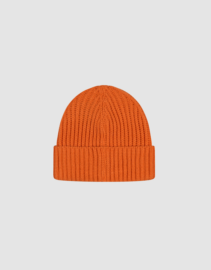 The LIVE FAST DIE YOUNG Rib Knit Beanie in bright orange Polyacryl features a folded cuff and is shown on a light gray background. This One Size beanie offers stylish comfort for any occasion.