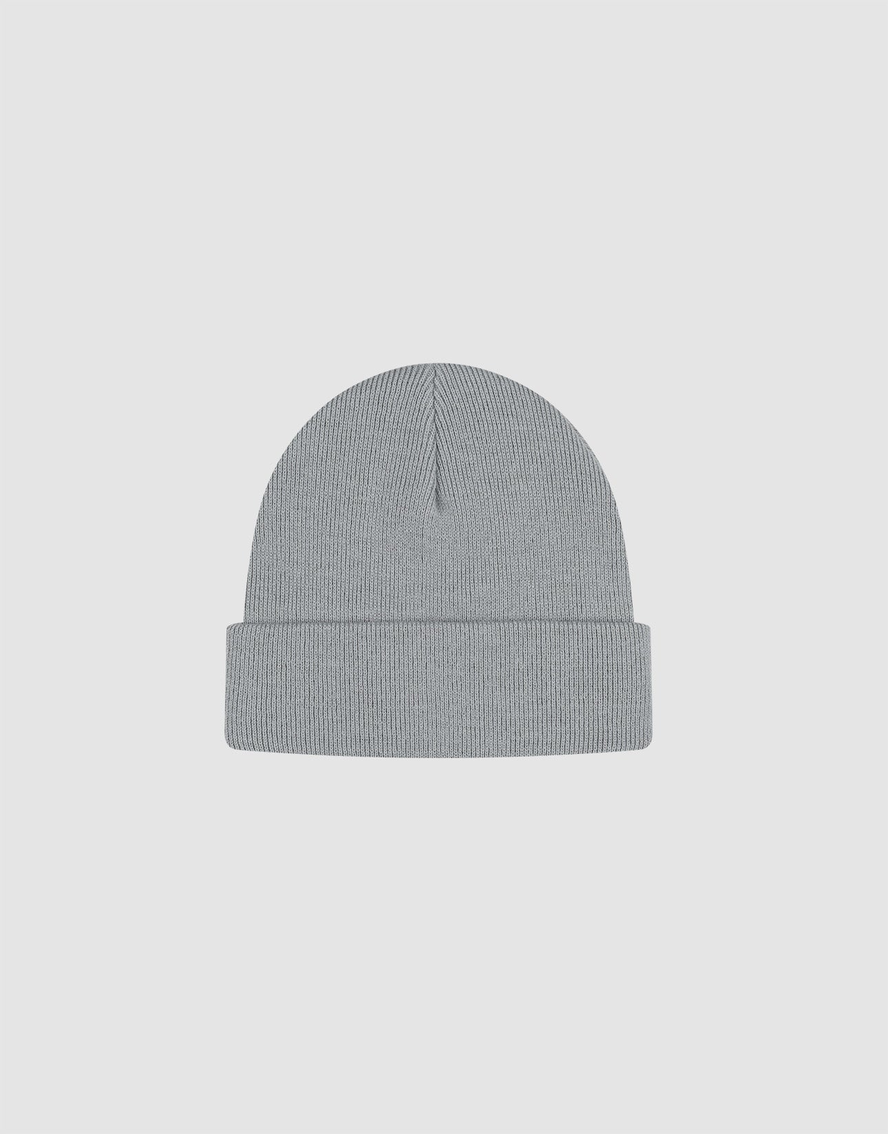 The LIVE FAST DIE YOUNG Basic Beanie is a light gray, ribbed knit style with a folded brim, made from soft Polyacryl, subtle flaglabel detail, and comes in One Size. Shown on a plain white background.