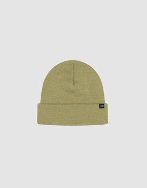 The LIVE FAST DIE YOUNG Basic Beanie is a plain olive green polyacryl knit hat with a folded brim and a small black rectangular side tag, shown on a light gray background. One size. Model: LF2411-16606.