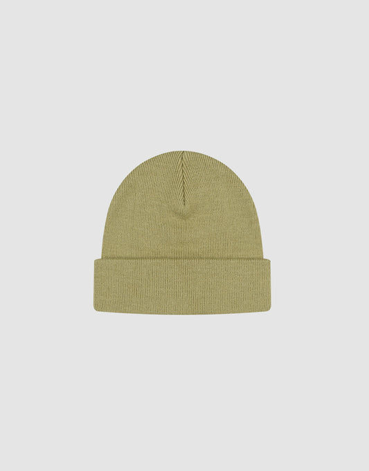 The Basic Beanie by LIVE FAST DIE YOUNG is a plain, light olive green Polyacryl knit hat with a folded cuff. Shown on a light gray background. Style LF2411-16606. One size for everyday comfort and warmth.