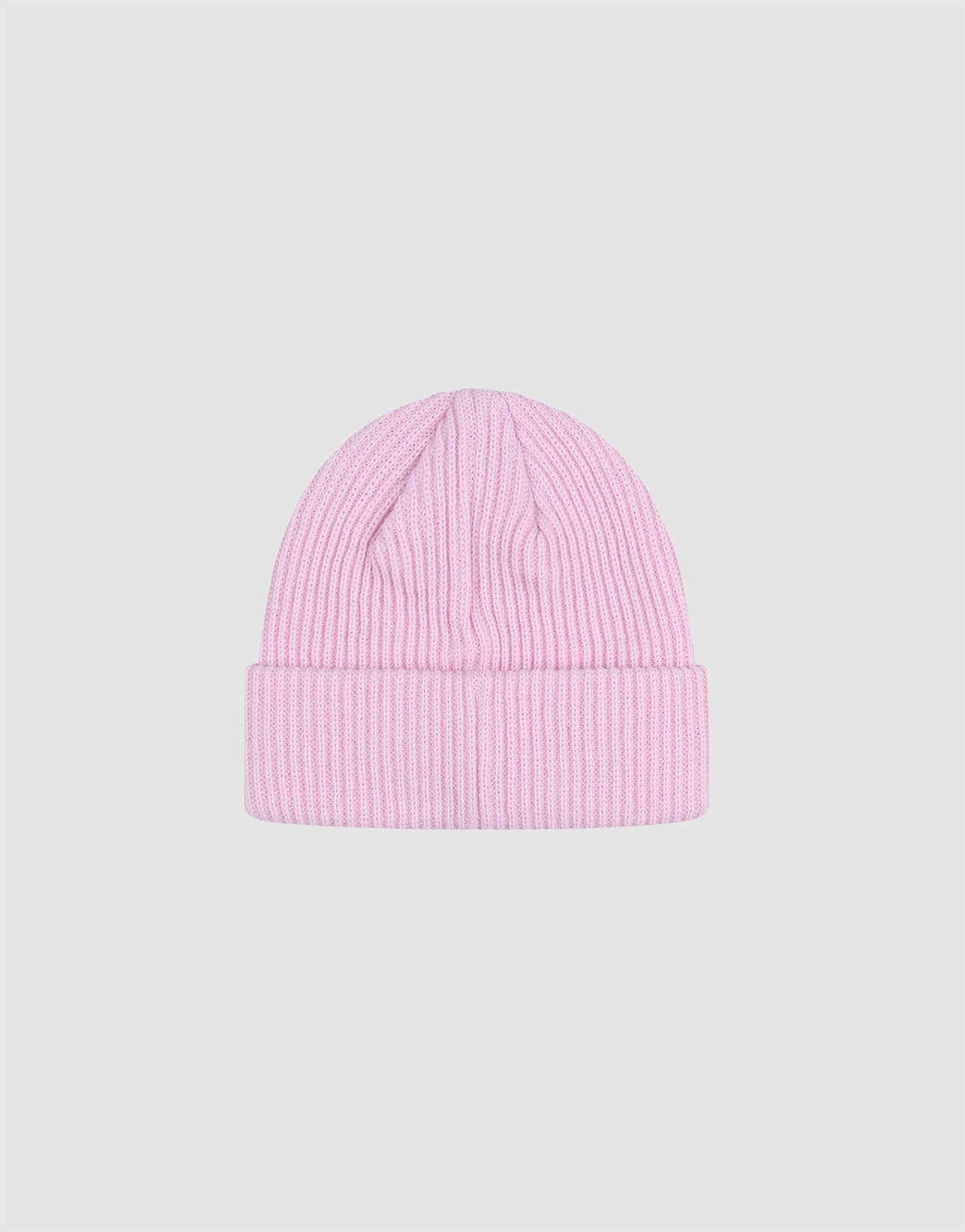 The LIVE FAST DIE YOUNG Double Rib Knit Beanie in light pink Polyamid features a folded brim and subtle flag-label. Displayed on a plain light gray background, this one-size beanie offers versatile comfort and style.