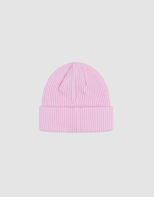 The LIVE FAST DIE YOUNG Double Rib Knit Beanie in light pink Polyamid features a folded brim and subtle flag-label. Displayed on a plain light gray background, this one-size beanie offers versatile comfort and style.