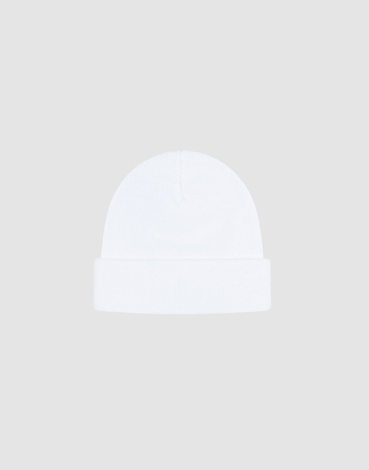 The LIVE FAST DIE YOUNG Basic Beanie is a plain white Polyacryl knit hat featuring a folded brim and subtle Flaglabel detail. Shown on a light gray background, this one-size beanie offers versatile comfort.