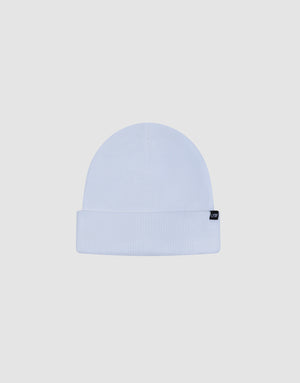 The LIVE FAST DIE YOUNG Basic Beanie is a plain white knit, One Size, with a folded brim and a small black rectangular flag-label on the side, displayed against a light gray background.